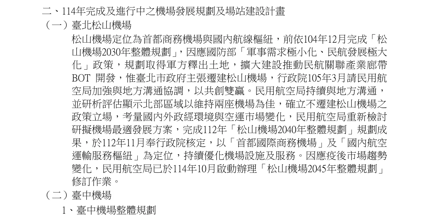 交通部《114 年交通年鑑》 第 6 頁(局部):「確立不遷建松山機場之政策立場」