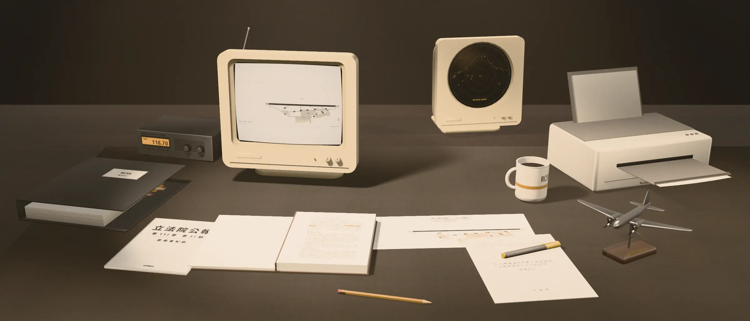 研究桌 3D 算圖:書桌上攤著《立法院公報》、交通部報告與年鑑,CRT 螢幕顯示松山機場平面圖,旁邊是接收機(TWR 118.70)、雷達幕、印表機與 DC-2 模型